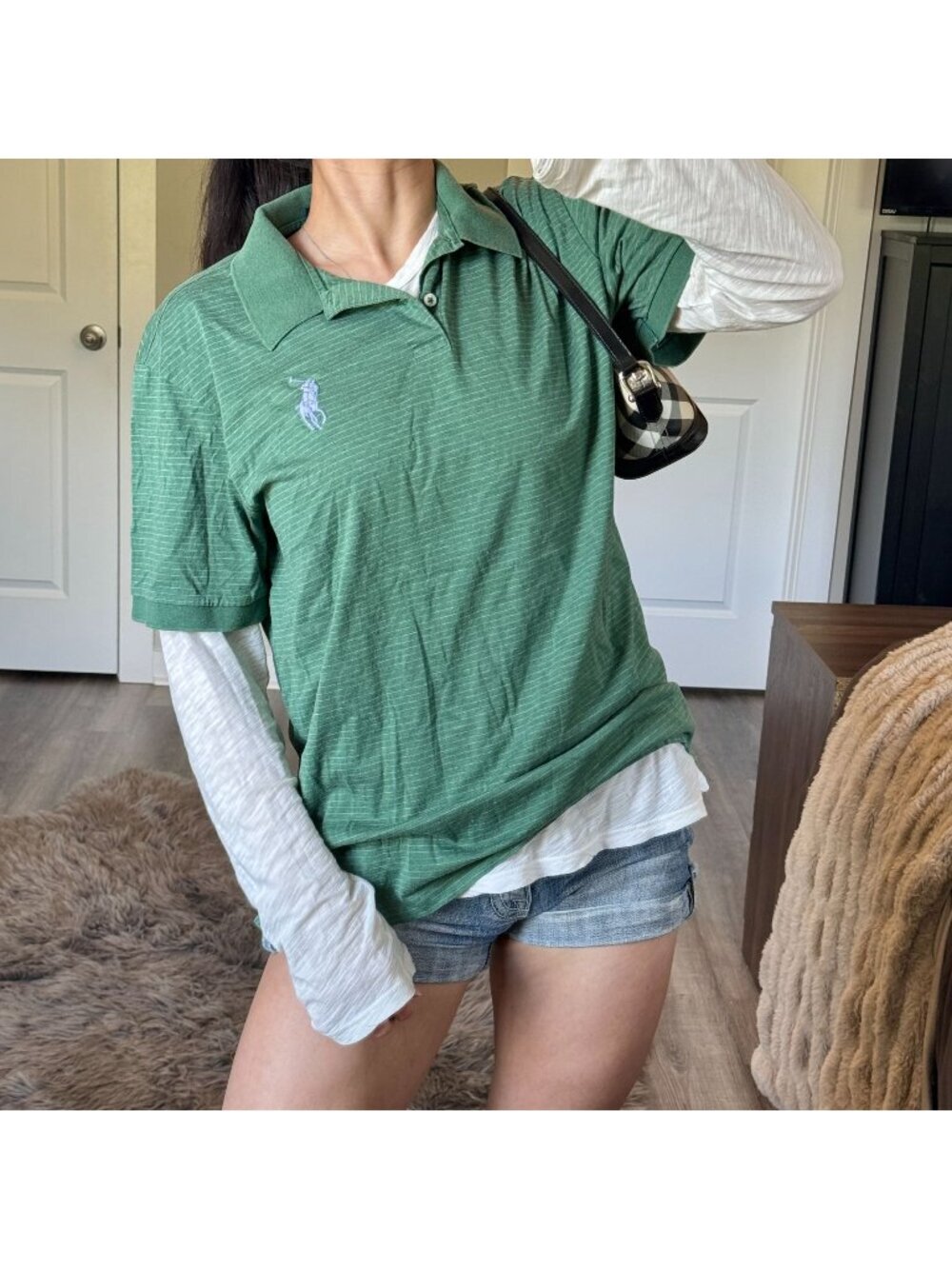 Y2K Polo Ralph Lauren Green Pinstriped Polo Shirt L Big Embroidered Pony Preppy